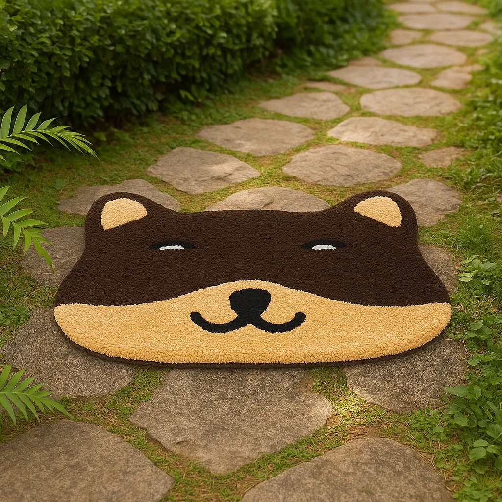 Brown and tan bear-face tufted mat on a garden stone path