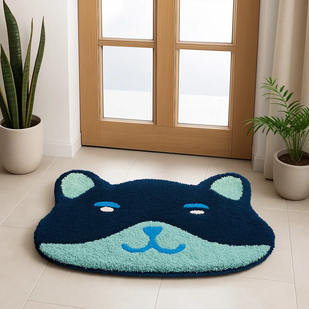 Navy and mint bear-face tufted mat in a doorway