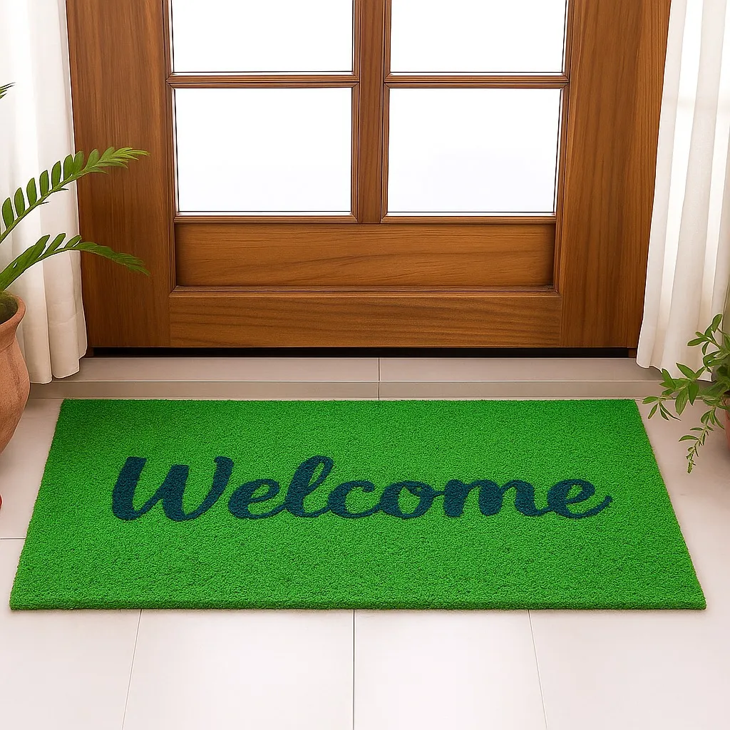 Green coir welcome mat at a home entrance