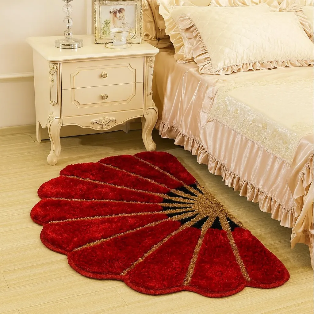 Red and gold petal-shaped shaggy bedside rug
