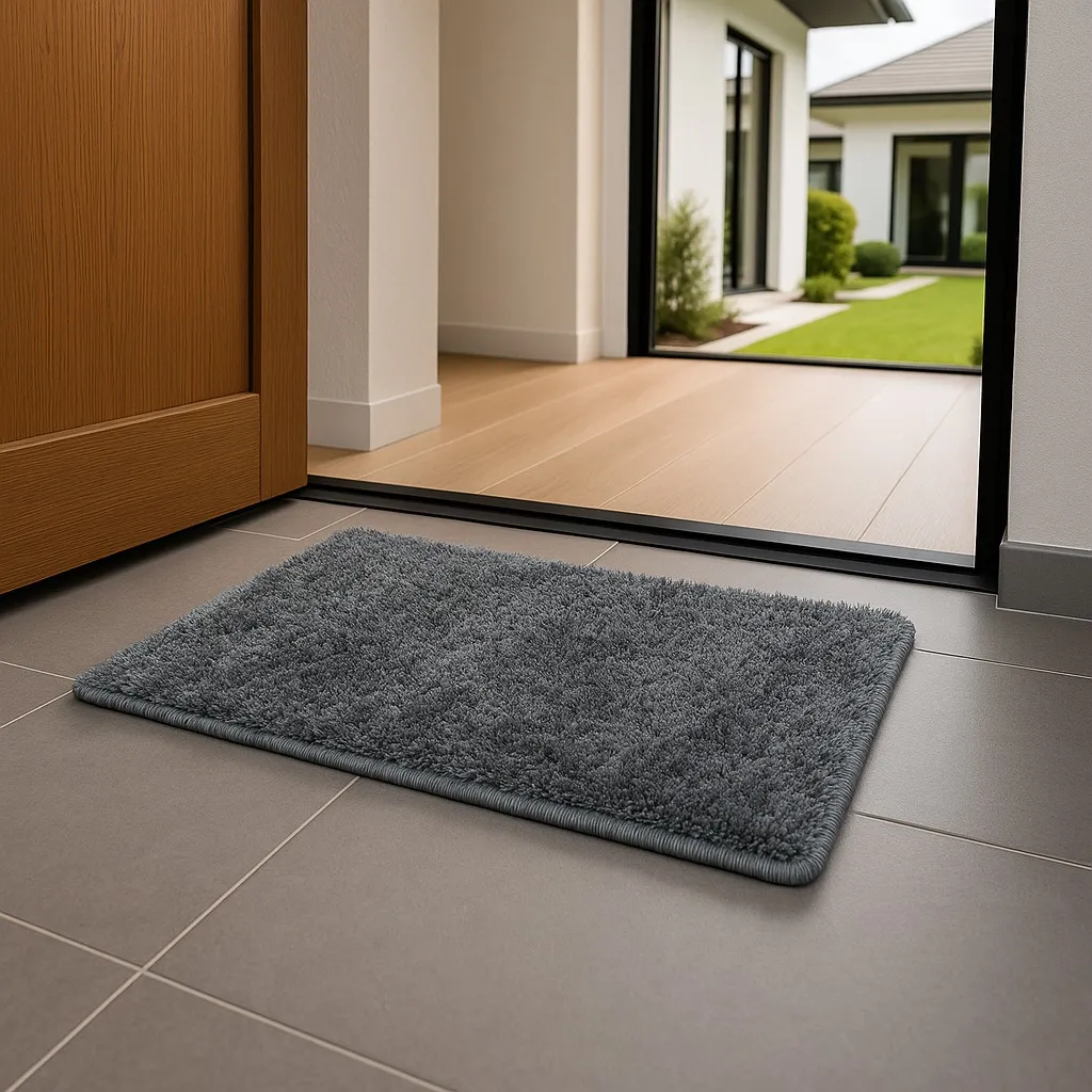 Charcoal grey plush microfibre door mat at a patio door