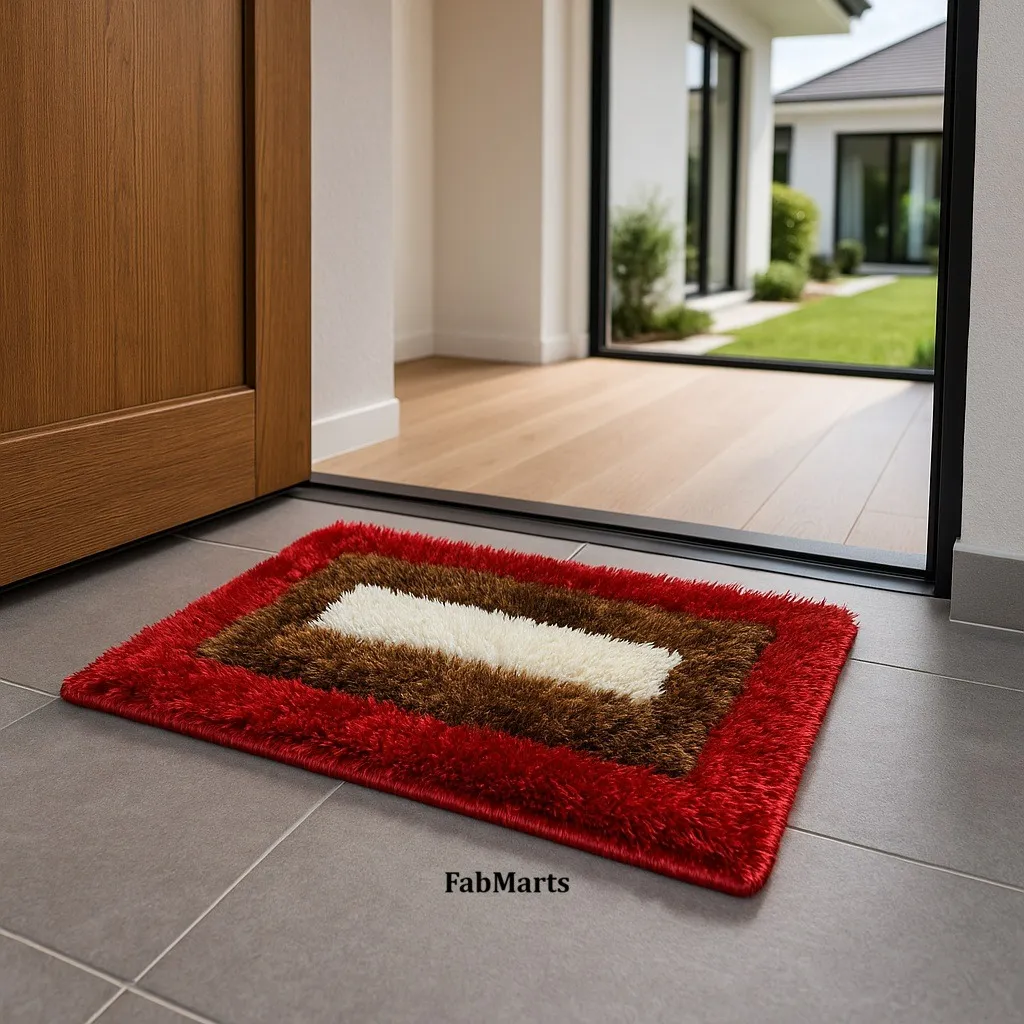 Red, brown and cream bordered shaggy door mat