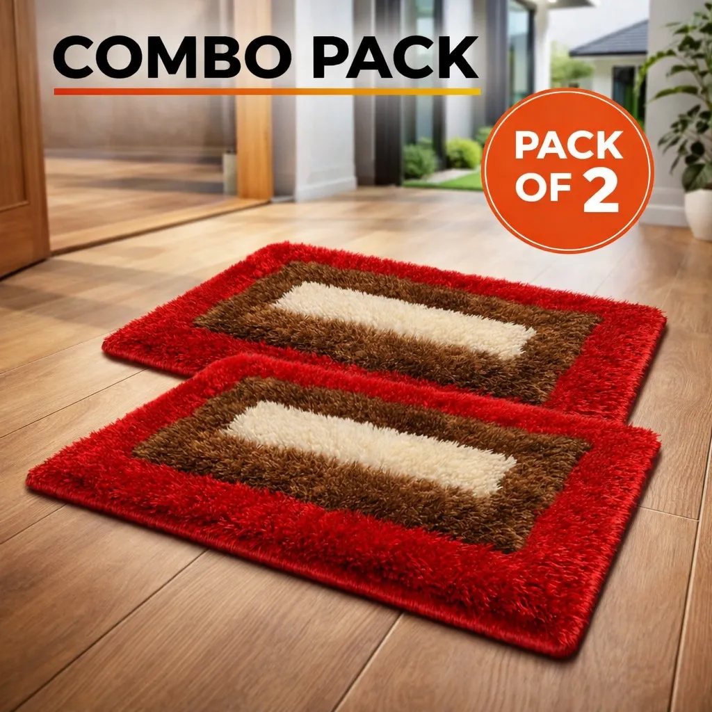 Combo pack of two red bordered shaggy door mats