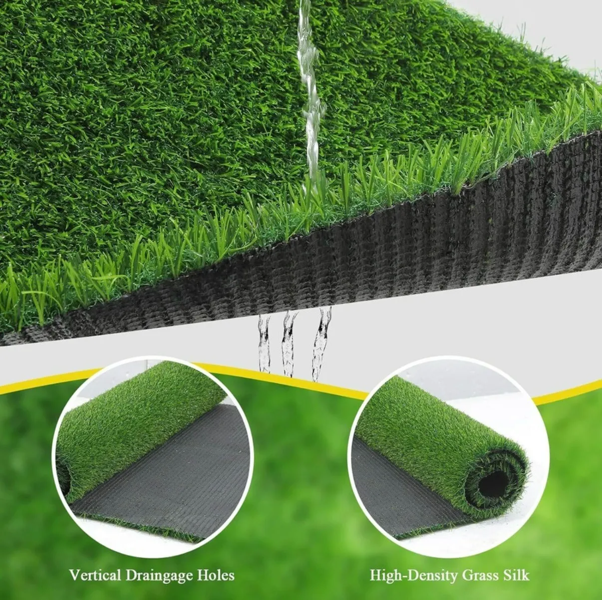 Cutaway of artificial grass turf showing vertical drainage holes and dense pile